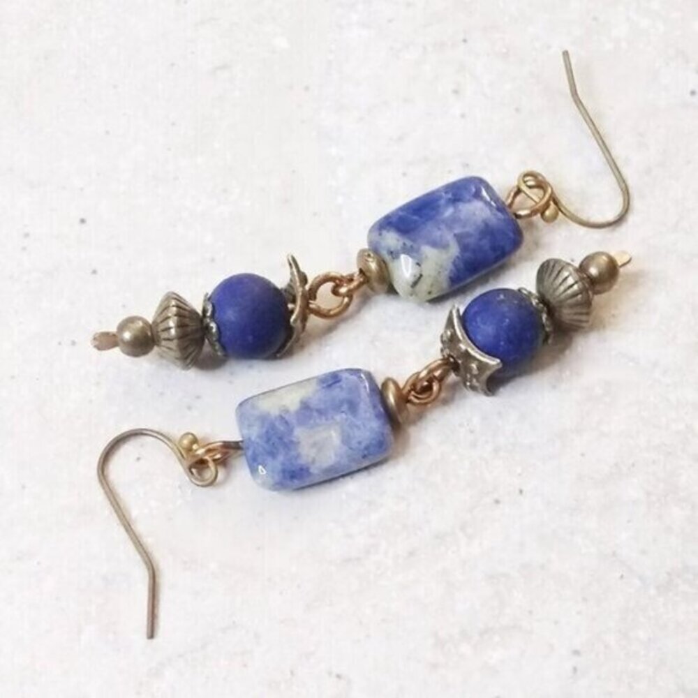 Blue Sodalite + Lapis Lazuli + Bronze ~ Handmade & One-of-a-kind Dangle Earrings - Picture 6 of 13